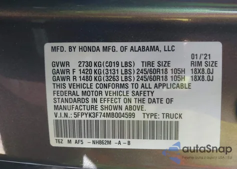 2021 Honda Ridgeline Rtl-E из США, поврежденный, VIN 5FPYK3F74MB004599
